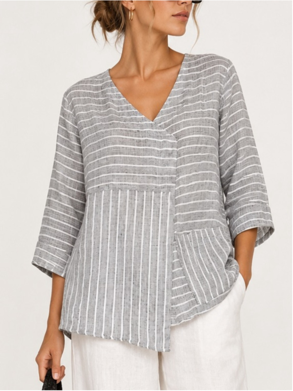 OSKA Gray White Striped Linen Tunic Top Asymmetrical Patch Pockets Size small